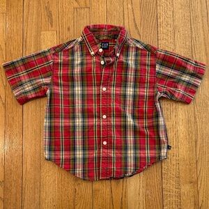 GAP Vintage Kids Red Green Navy Plaid Button Down Shirt Size XS 100% Cotton EUC